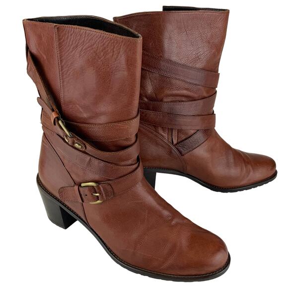 Stuart Weitzman Buckle Wrap Leather Pull On Mid Boots Cognac Tan Women's Size 10 - Picture 1 of 9